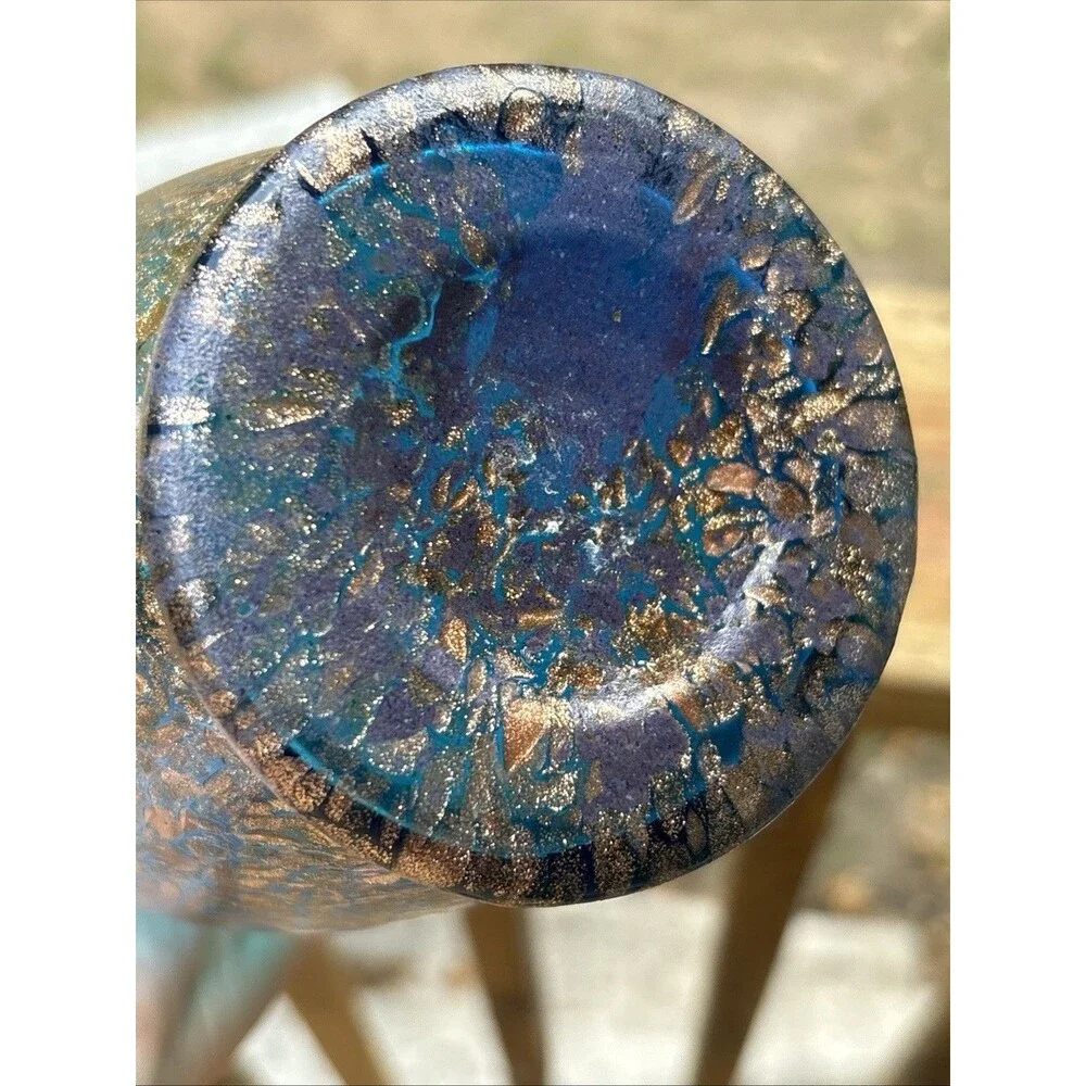 Dale Tiffany Turquoise Glass Vase w Infused Copper Design